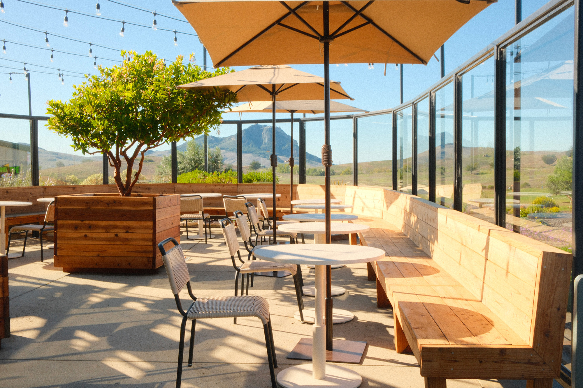 An outdoor seating area with wooden benches, tables, and umbrellas, surrounded by glass walls and a view of distant mountains.