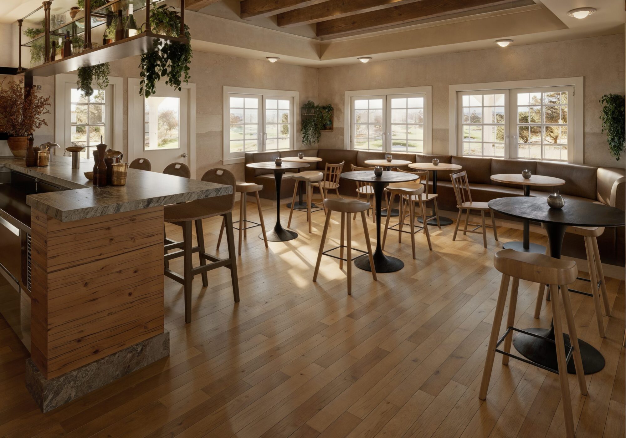 Brightly lit interior of a cozy cafÃ© with wooden furniture, tables, and a counter, featuring large windows and plants.